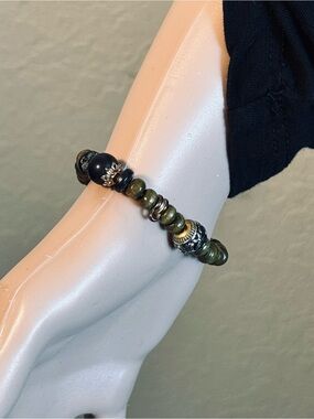 Boho Olive Green Wood Bead Bracelet Stretchy Earthy Stackable Arm Candy Copper